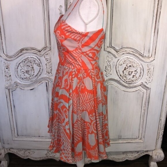 Milly of New York Orange and Beige Spaghetti Strap Waisted Fit and Flair Dress - Picture 6 of 13